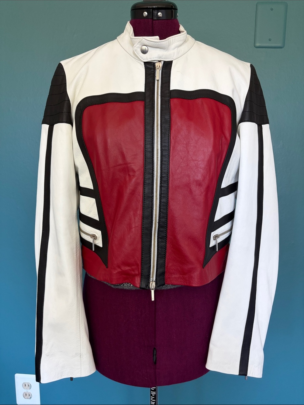 Vintage Italian Women’s Café Racer Motorcycle Jacket Red, White & Black Leather